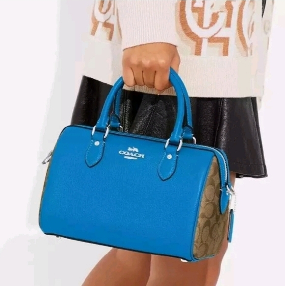 💙🔹️Coach 🔹️Leather & Signature Canvas Rowan Satchel (Khaki/Racer Blue) - Picture 5 of 6